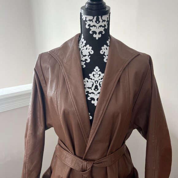 Vintage Brown Leather Long Belted Coat - Picture 8 of 13